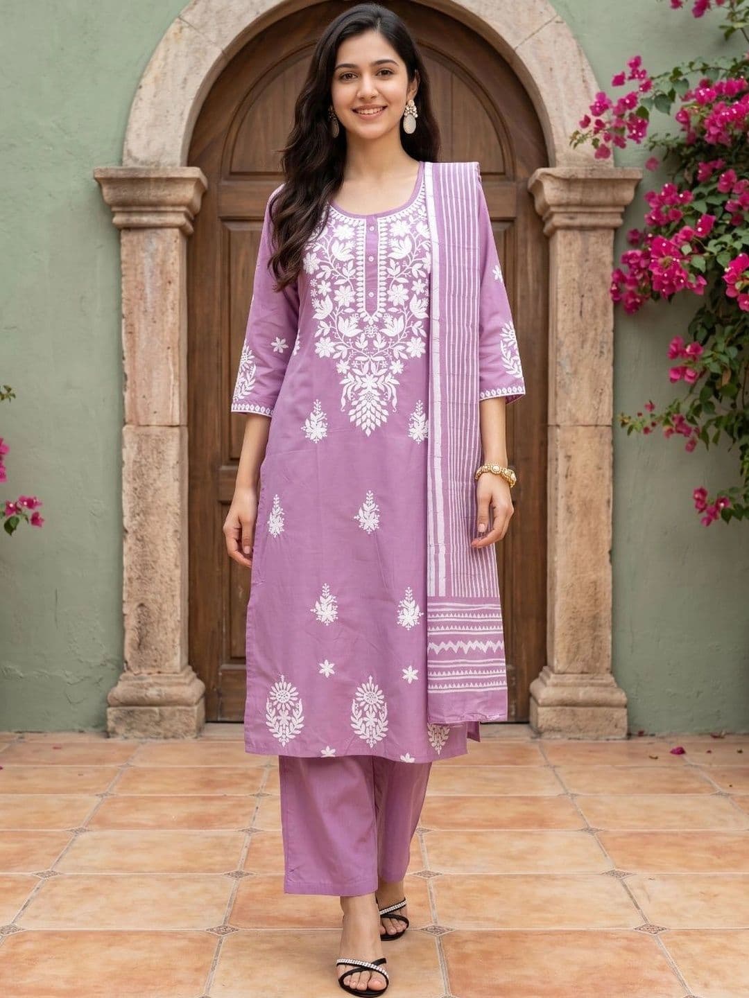 Anouk Women Ethnic Motifs Embroidered Regular Thread Work Pure Cotton Kurta with Trousers & With Dupatta thumbnail 6