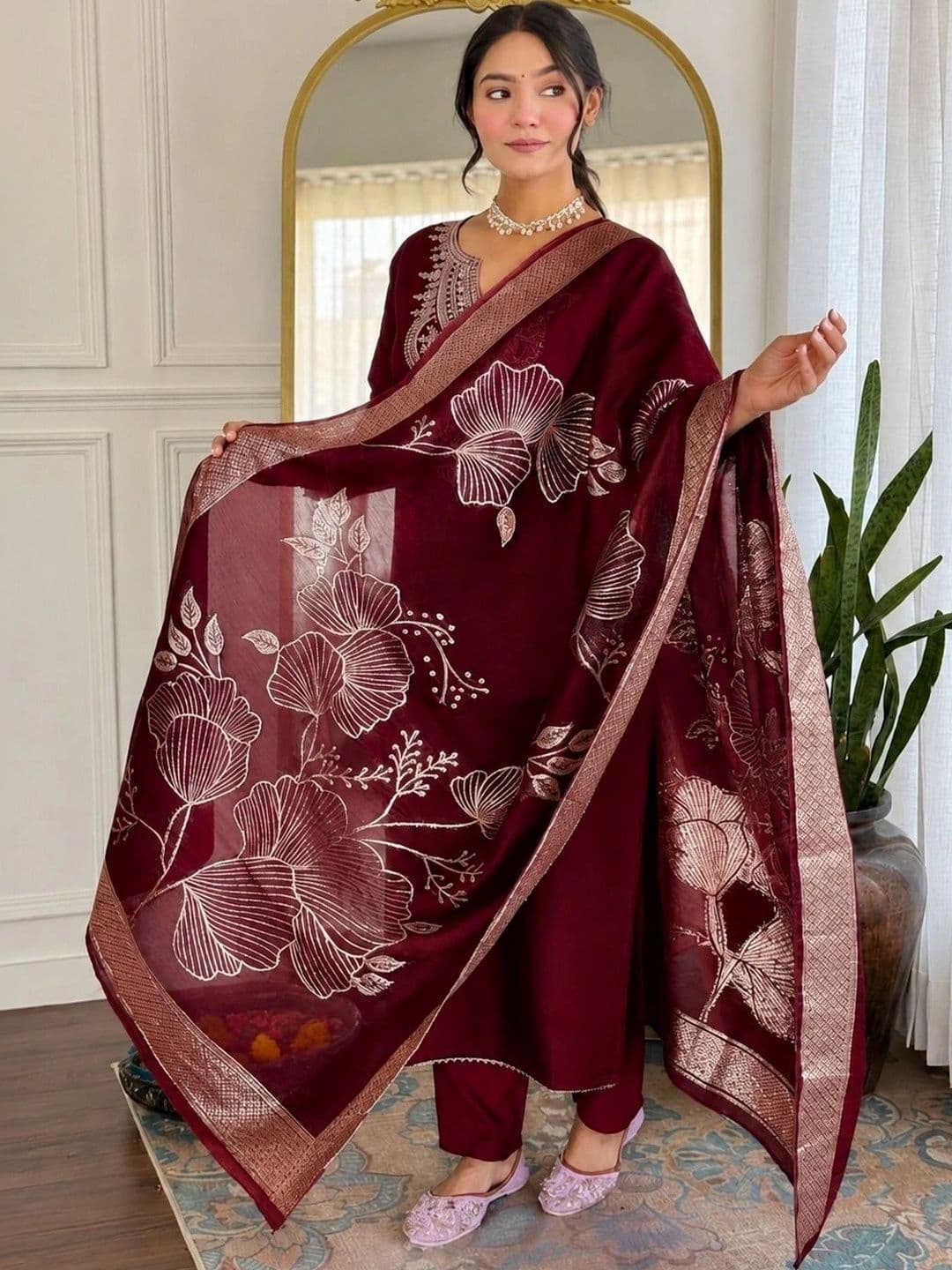 Moda Rapido Women Ethnic Motifs Embroidered Regular Pure Cotton Kurta with Trousers & With Dupatta thumbnail 5