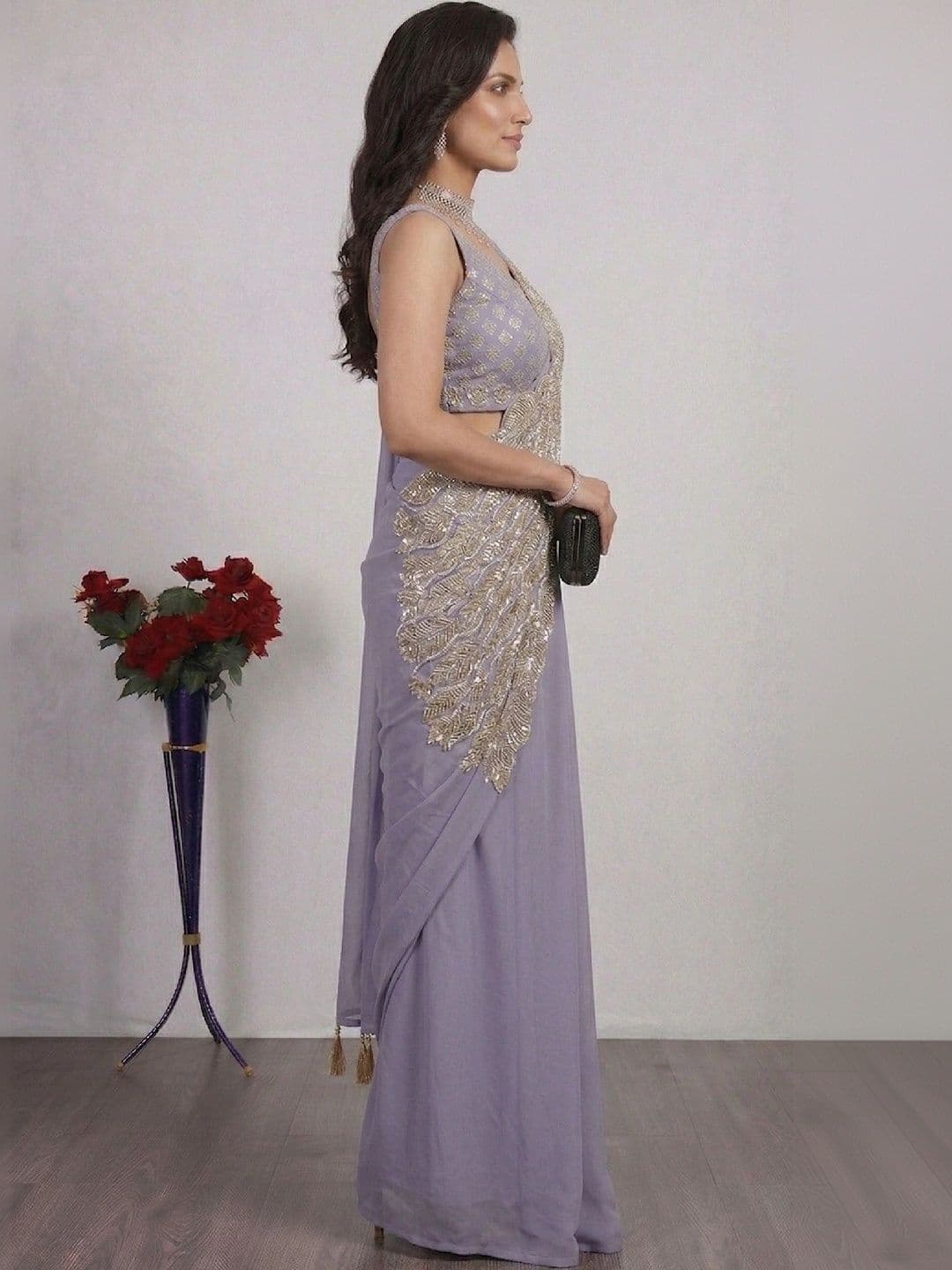 SmileyFashion Embellished Embroidered Pure Georgette Designer Saree thumbnail 3