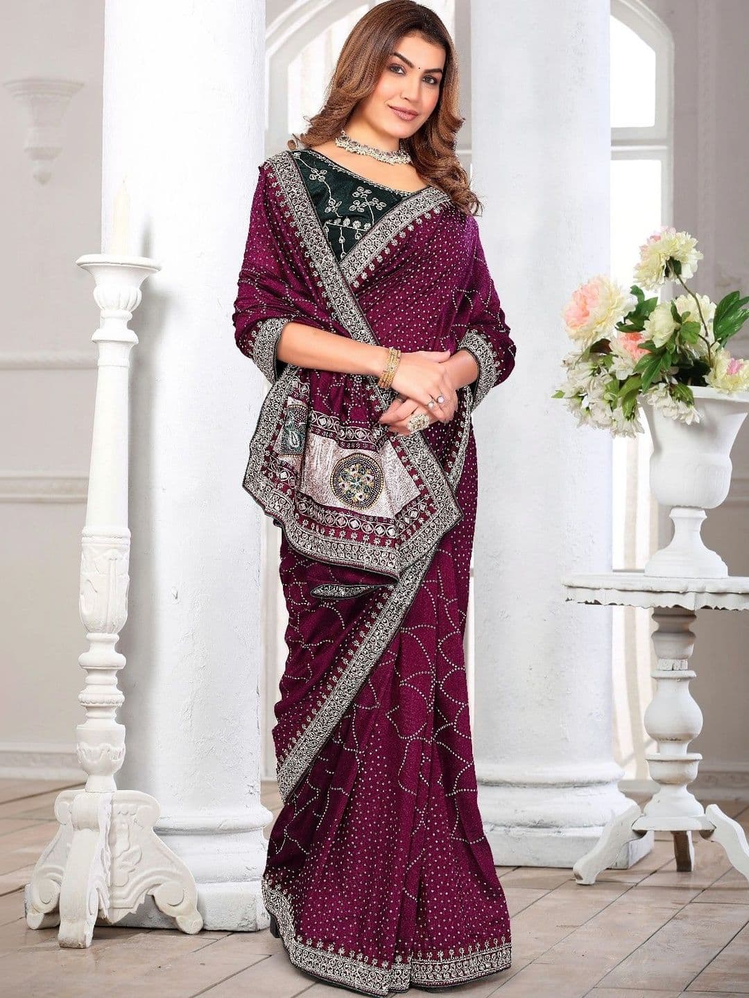 SmileyFashion Embellished Embroidered Art Silk Designer Saree thumbnail 3