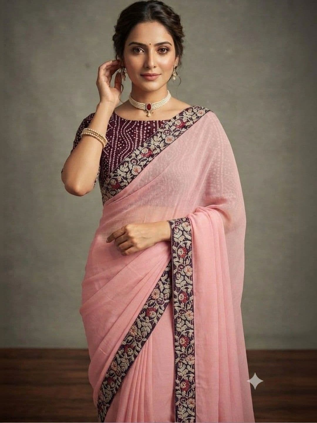 SmileyFashion Floral Embroidered Poly Chiffon Designer Saree thumbnail 2