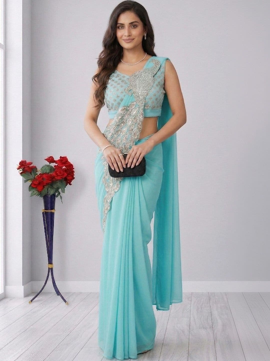 SmileyFashion Embellished Embroidered Pure Georgette Designer Saree thumbnail 3