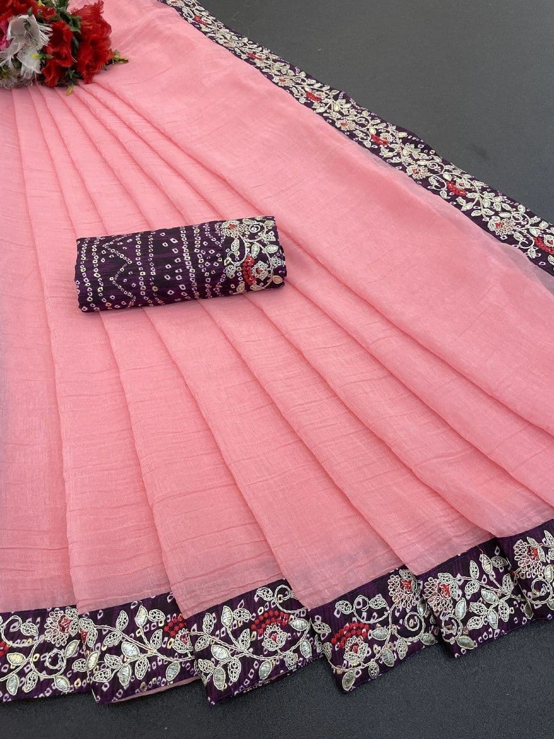 SmileyFashion Floral Embroidered Poly Chiffon Designer Saree thumbnail 4