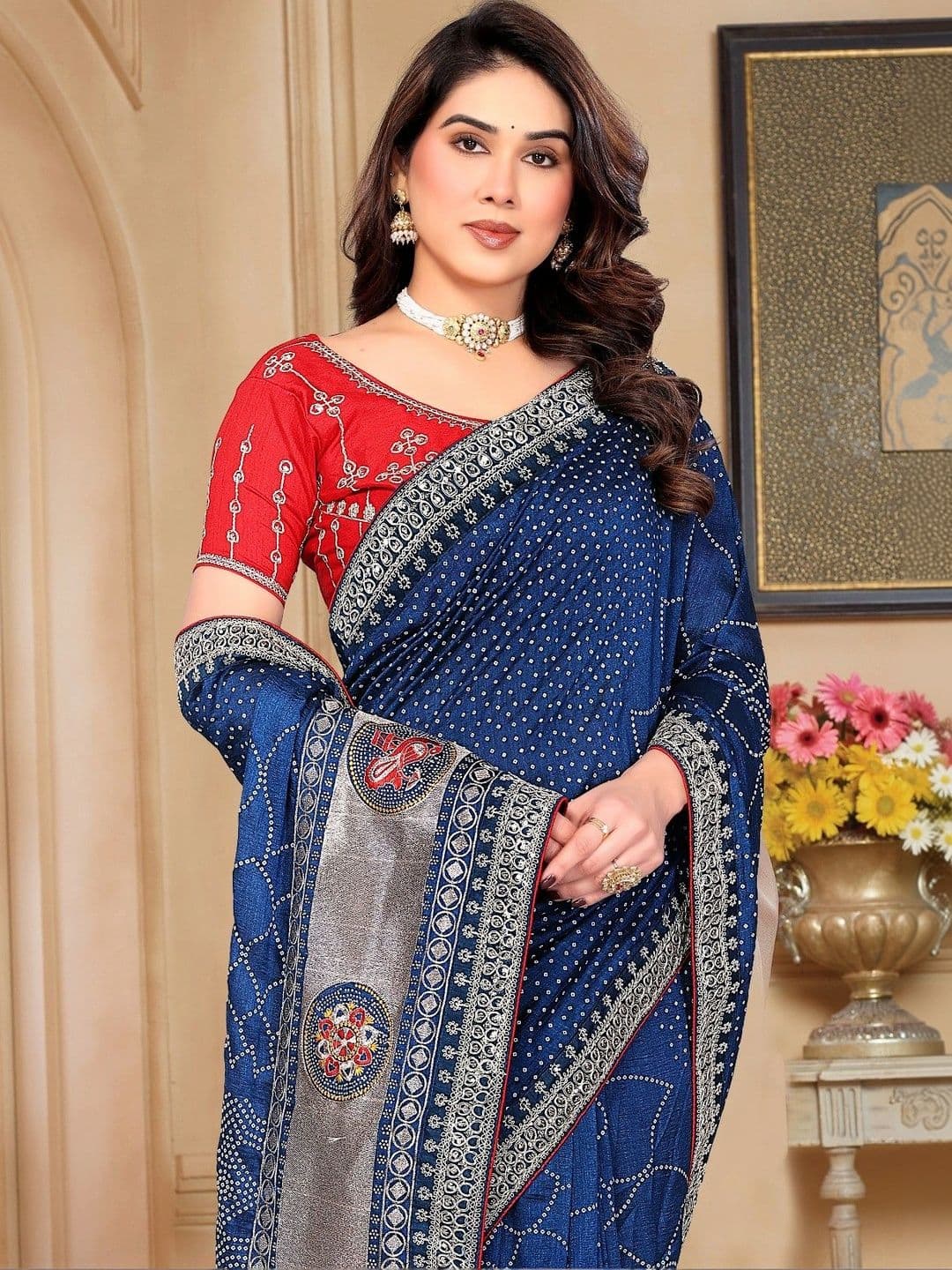 SmileyFashion Bandhani Embroidered Art Silk Designer Saree thumbnail 3