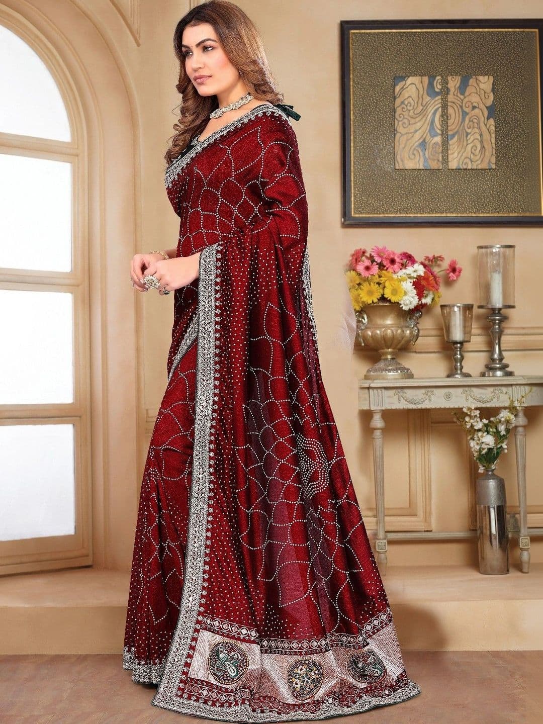 SmileyFashion Embellished Embroidered Art Silk Designer Saree thumbnail 5