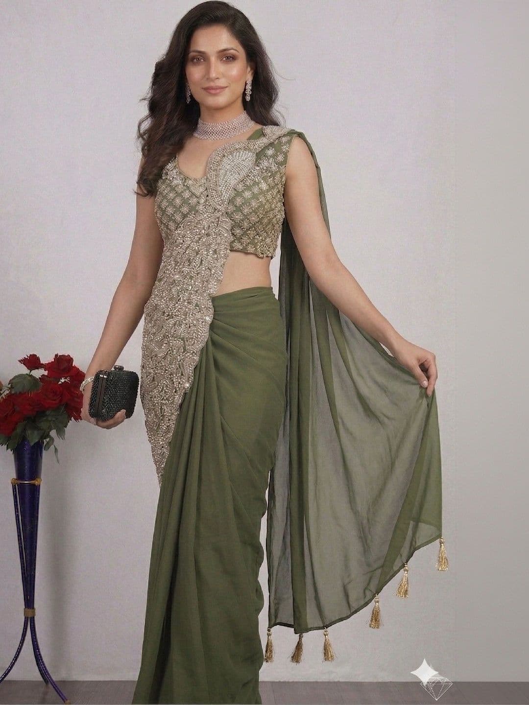 SmileyFashion Embellished Sequinned Pure Georgette Designer Saree thumbnail 5