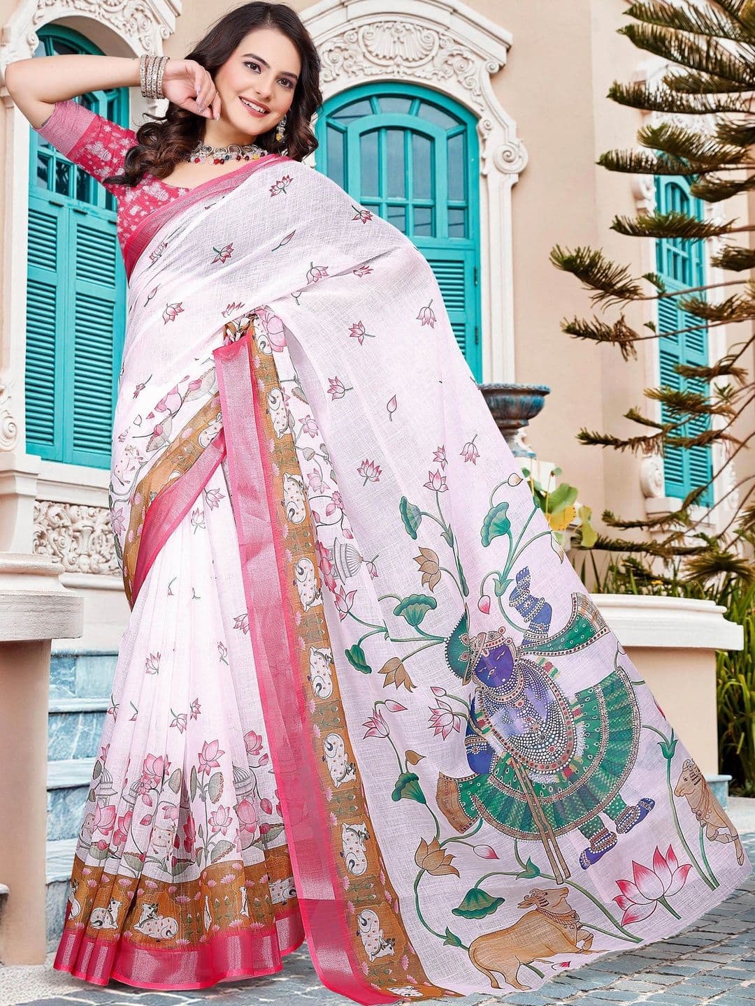 Maroosh Women White Floral Printed Cotton Linen Saree thumbnail 7