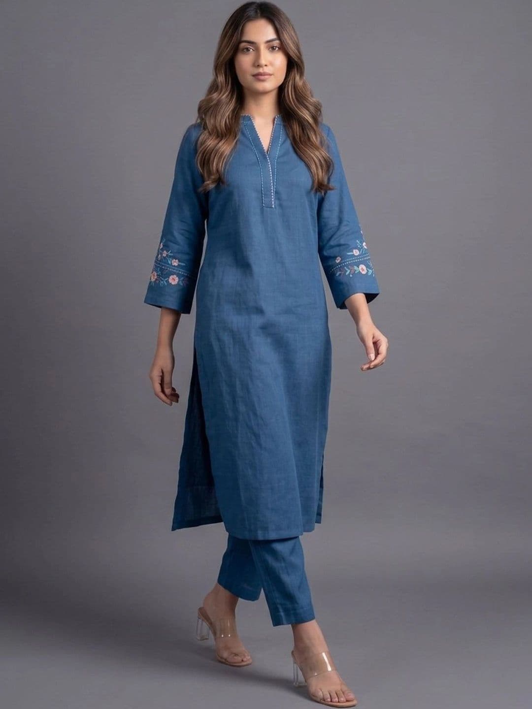 Navibhu Women Ethnic Motifs Embroidered Regular Thread Work Kurta with Trousers thumbnail 7