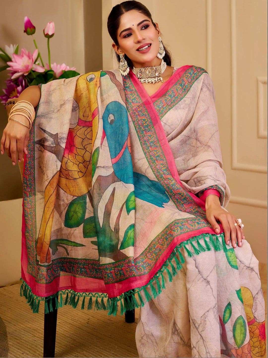 Maroosh Floral Silk Cotton Handloom Saree thumbnail 6