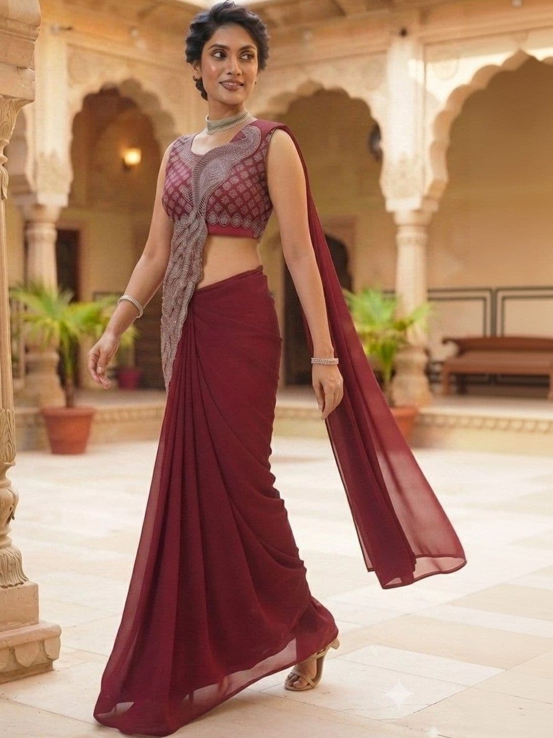 SmileyFashion Embellished Embroidered Pure Georgette Designer Saree thumbnail 3