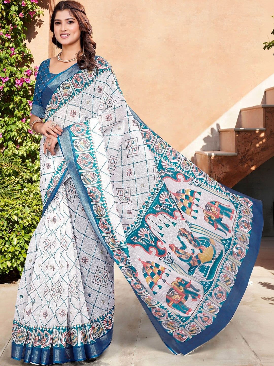 HERE&NOW Women Kalamkari Cotton Blend Saree thumbnail 5