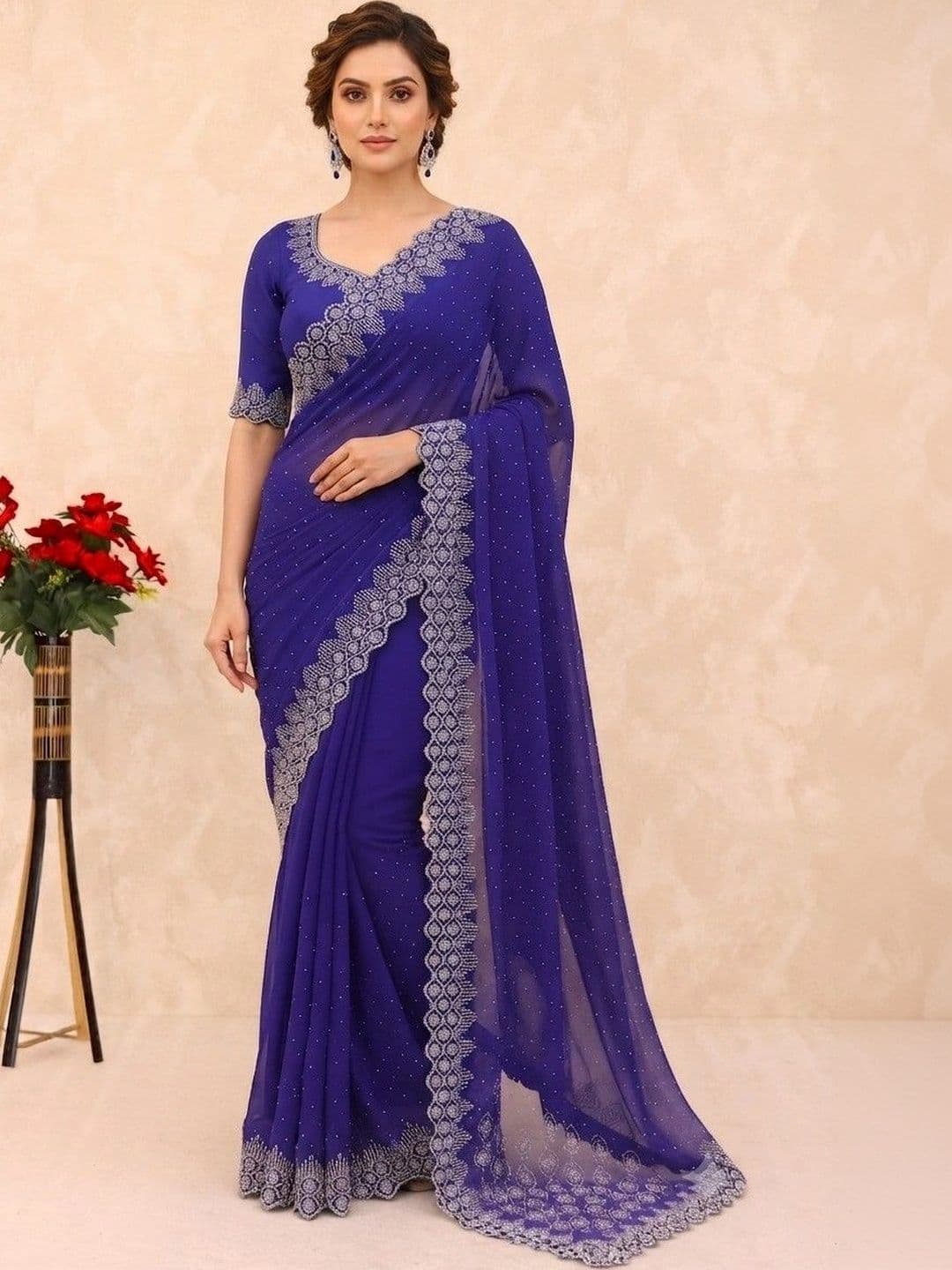 SmileyFashion Embellished Pure Georgette Saree - view 1