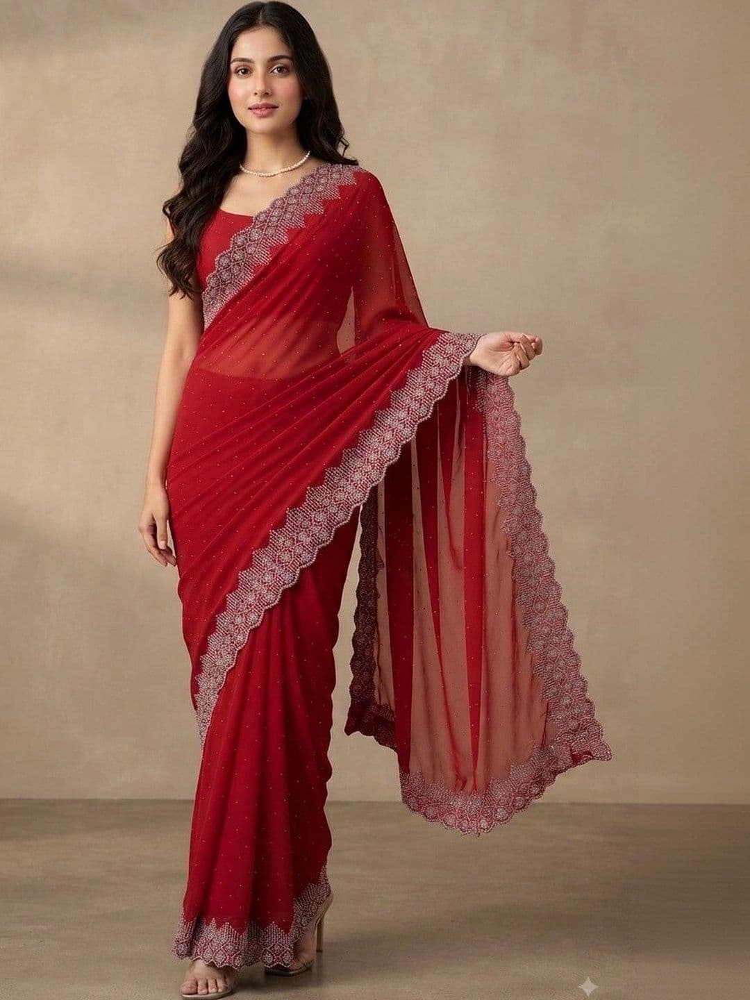 SmileyFashion Embellished Pure Georgette Saree - view 1