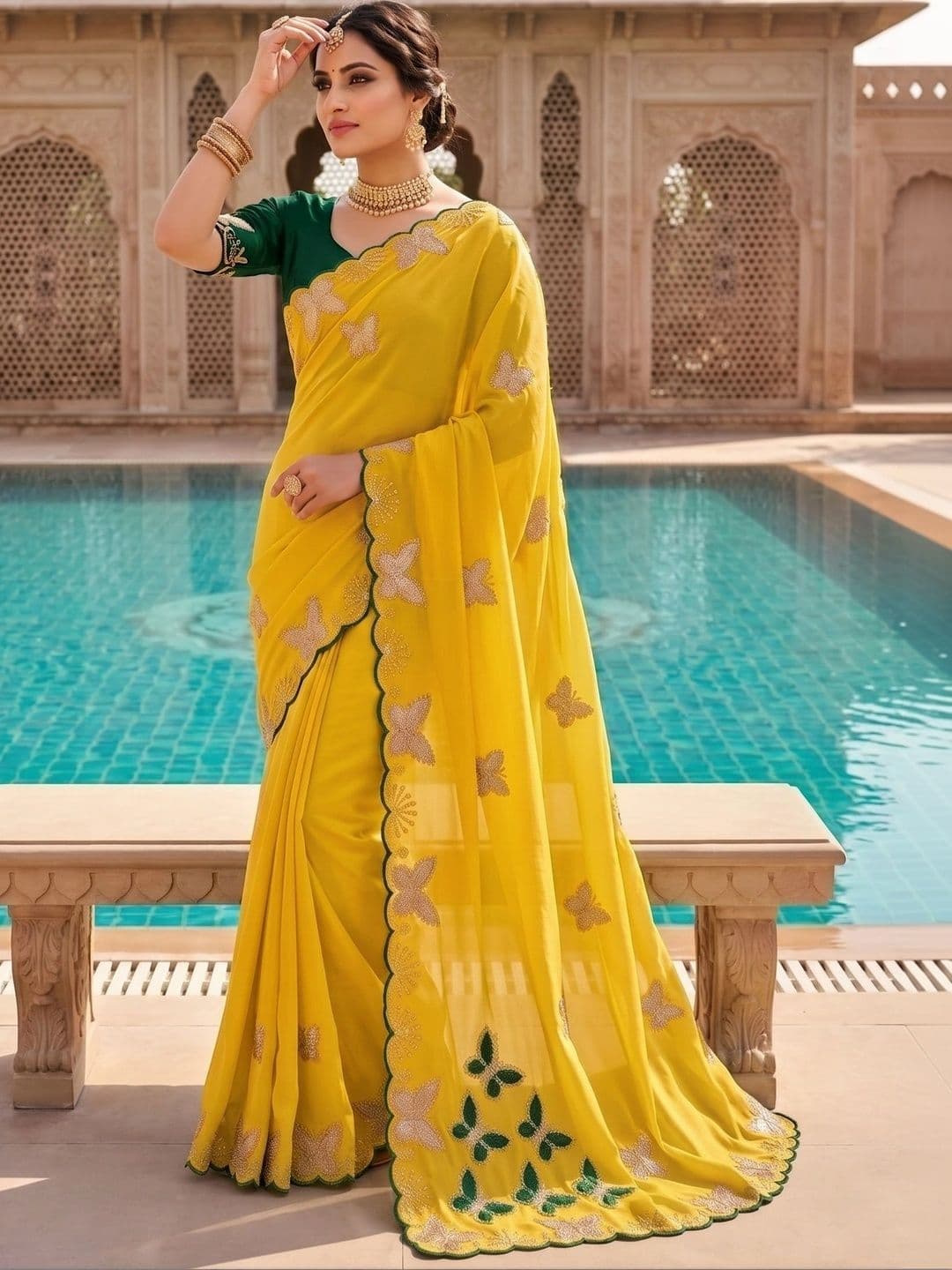 Drapes & Threads Co. Ethnic Motifs Embroidered Pure Georgette Designer Saree - view 1