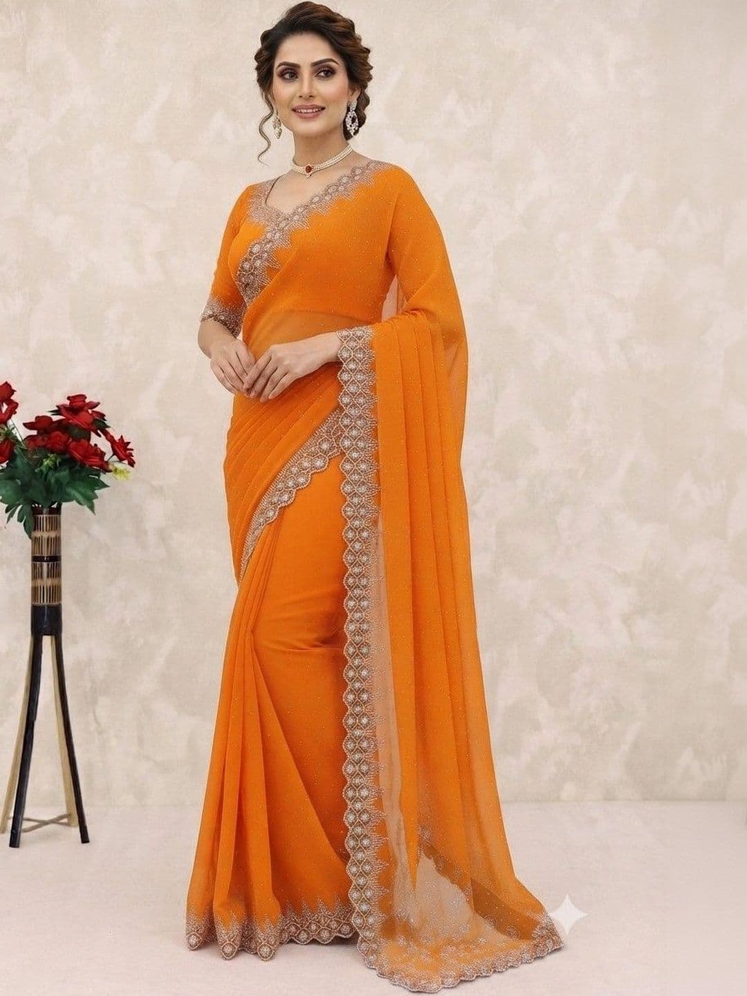 SmileyFashion Embroidered Pure Georgette Saree - view 1