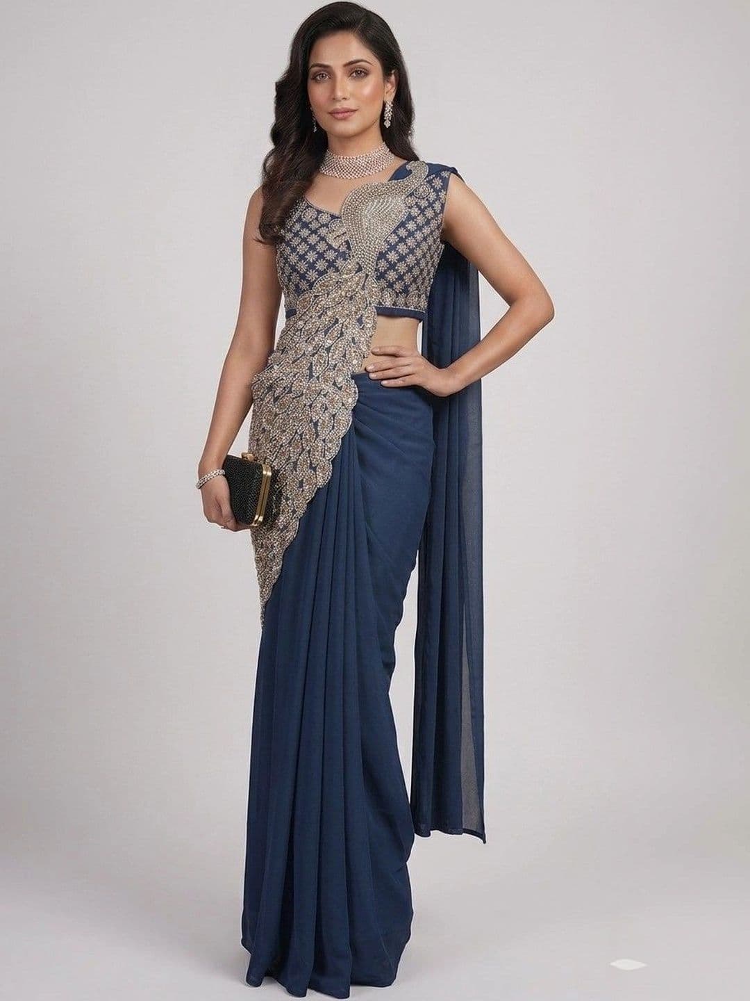 SmileyFashion Embellished Embroidered Pure Georgette Designer Saree thumbnail 2