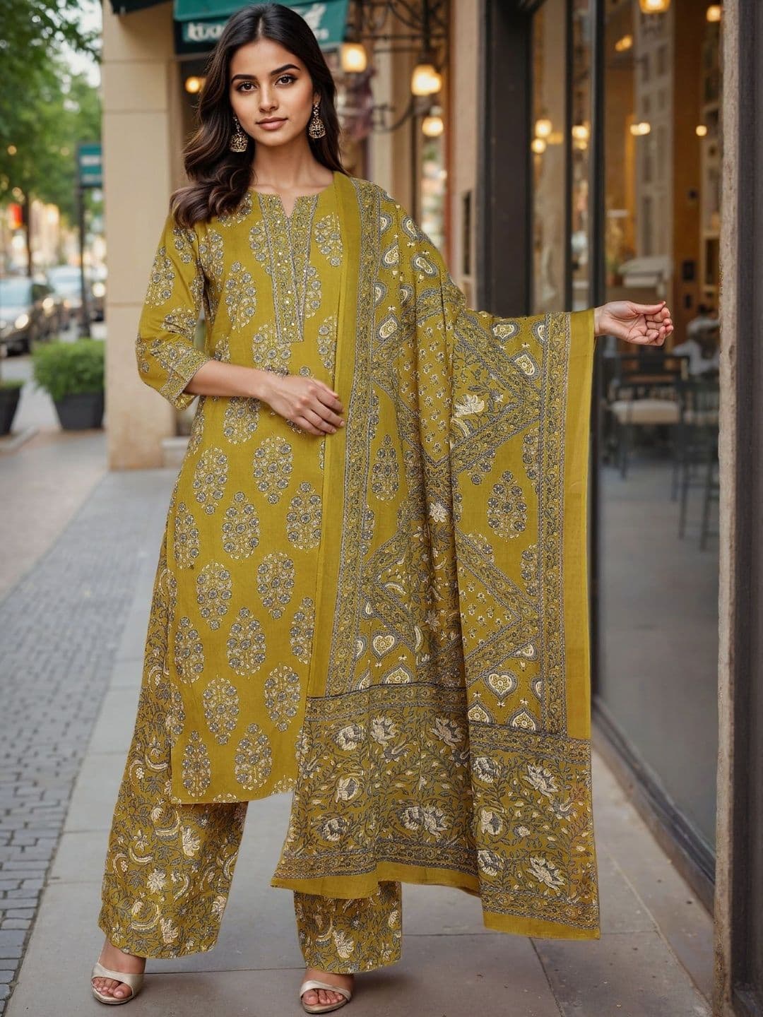 SZN Women Green Printed Pure Cotton Kurta Sets thumbnail 3