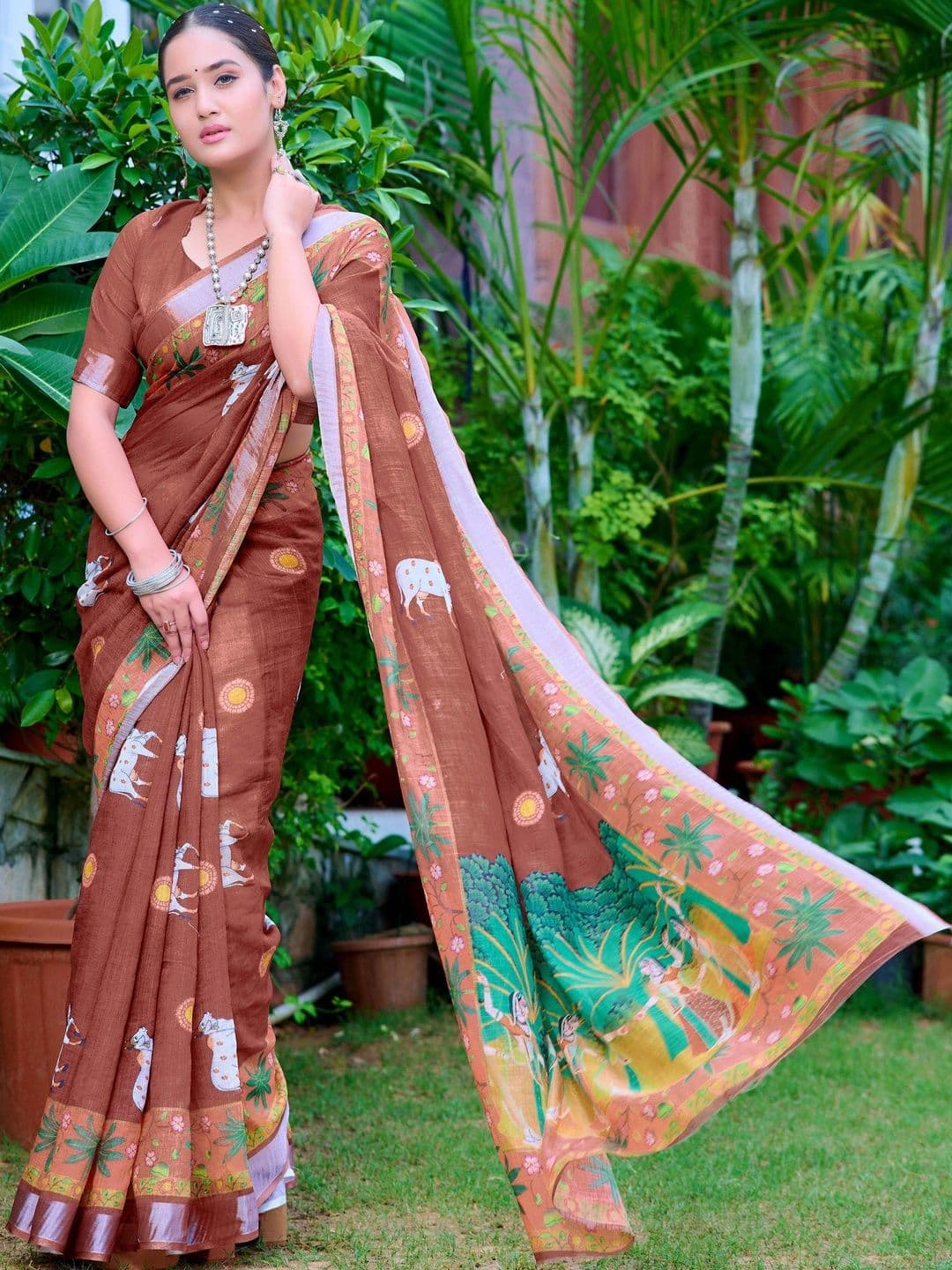 MANVAA Women Brown Cotton Linen Saree thumbnail 2