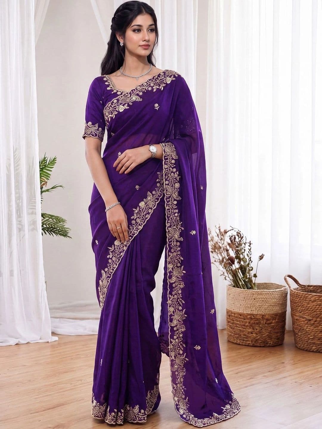 Zari and Ziba Ethnic Motifs Zari Satin Designer Saree - view 1