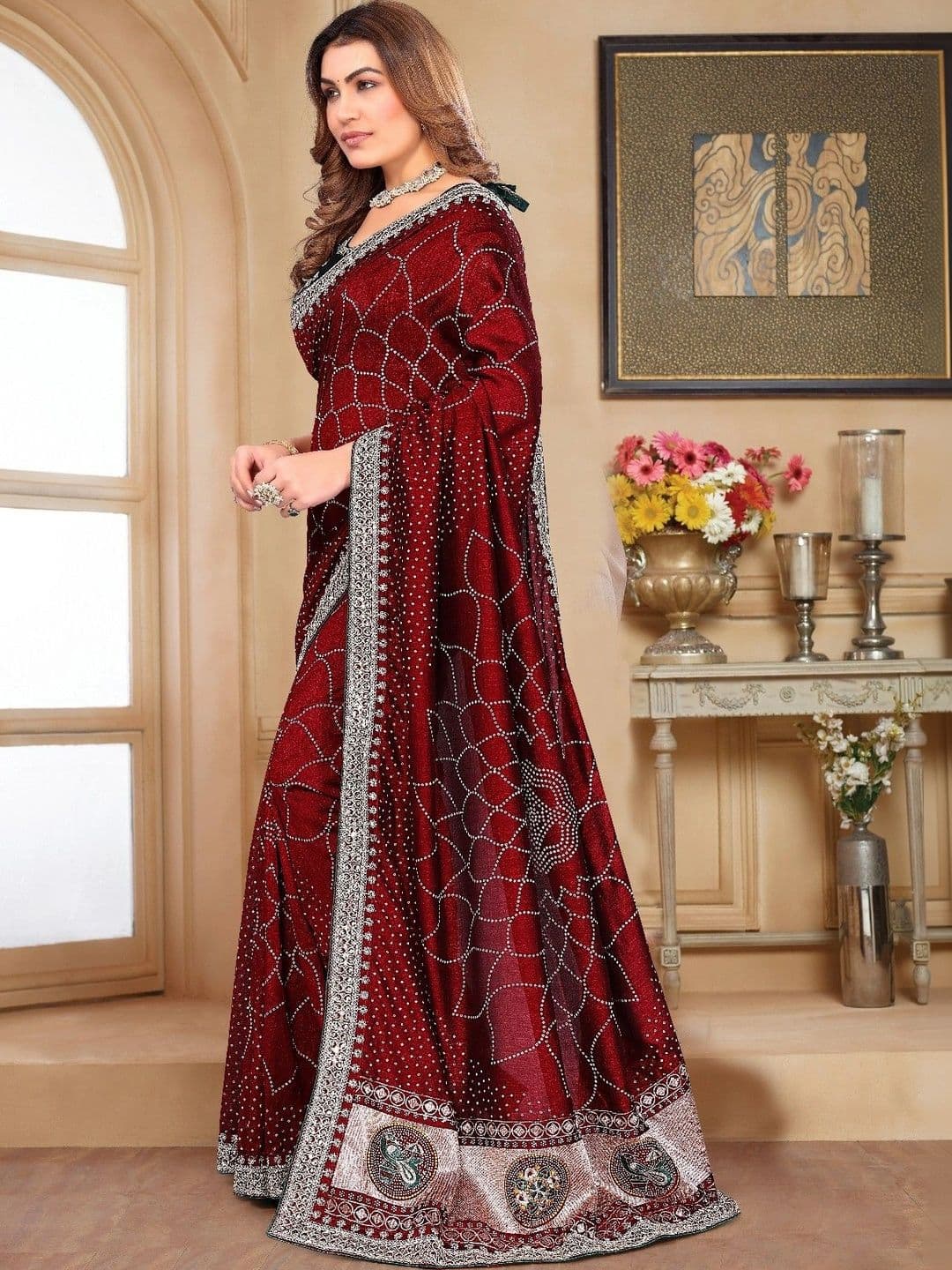 SmileyFashion Embellished Embroidered Art Silk Designer Saree thumbnail 4