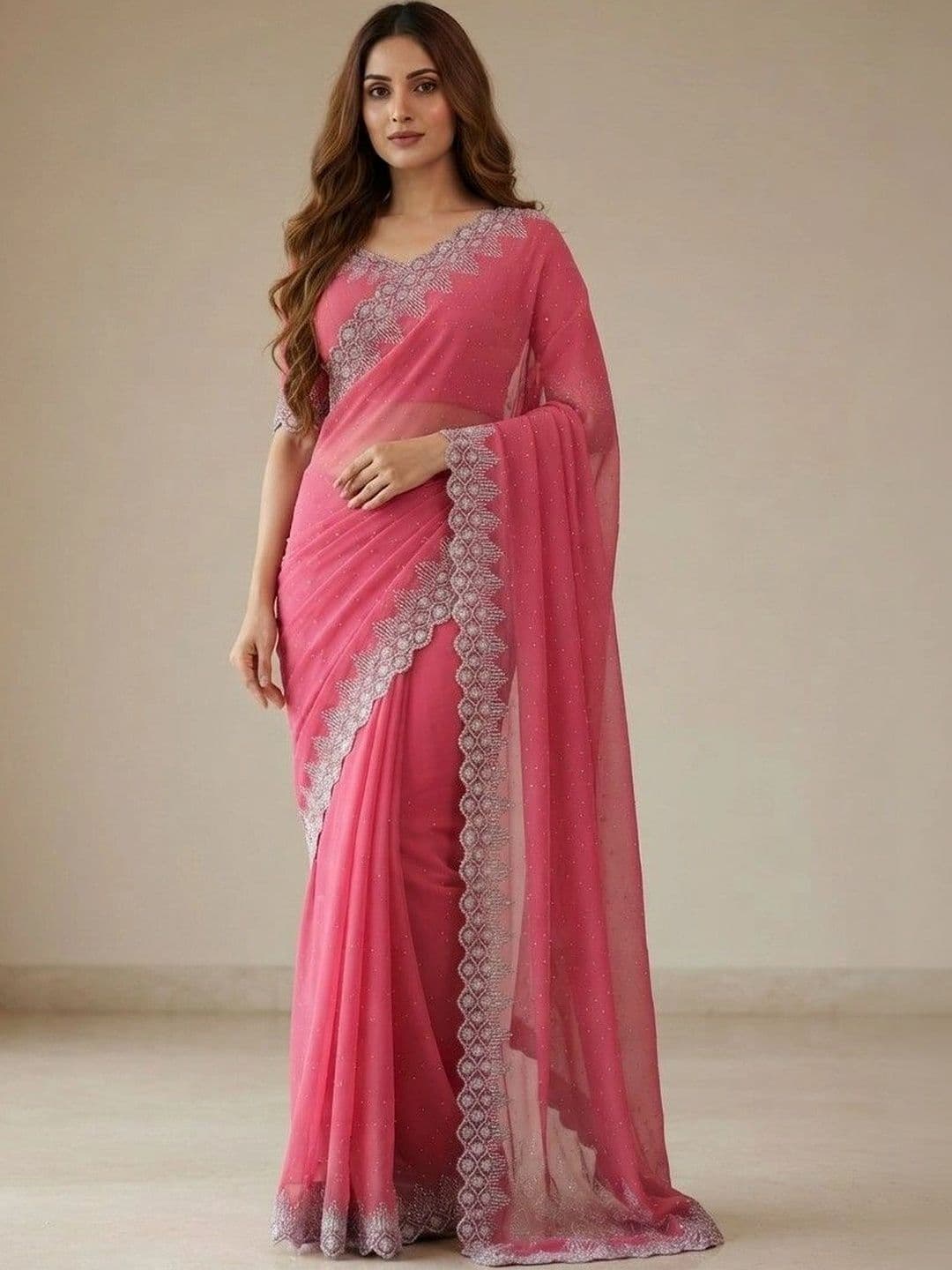 SmileyFashion Embellished Embroidered Pure Georgette Saree - view 1
