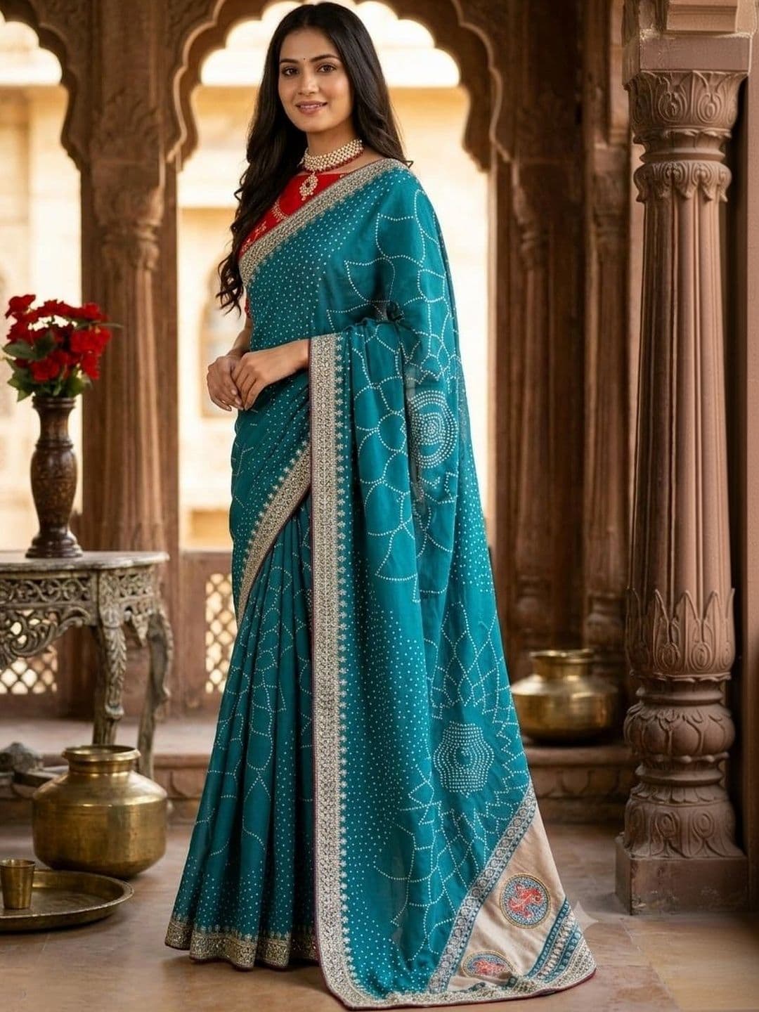 SmileyFashion Bandhani Embroidered Art Silk Designer Saree thumbnail 4