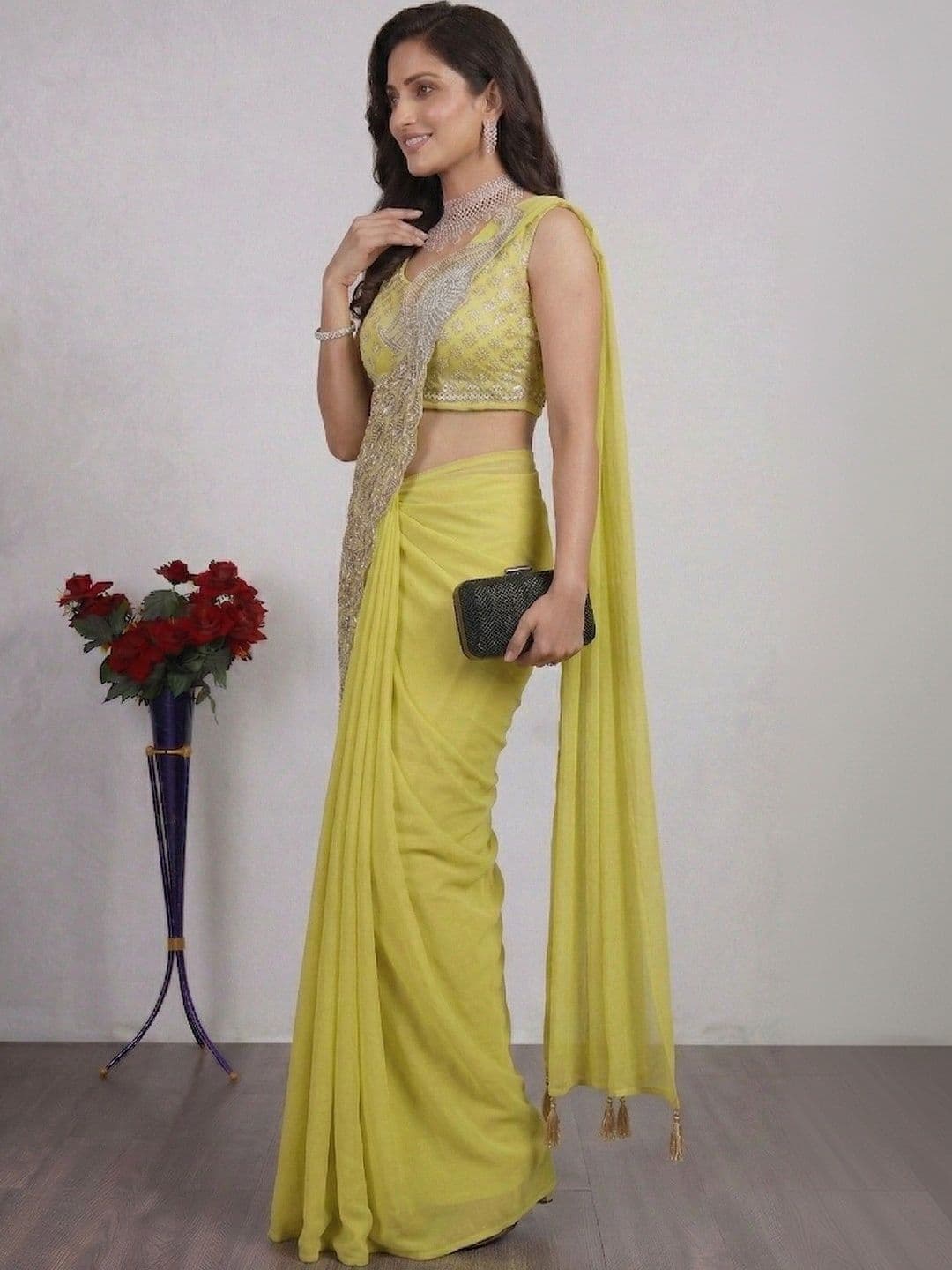 SmileyFashion Embellished Embroidered Pure Georgette Designer Saree thumbnail 2