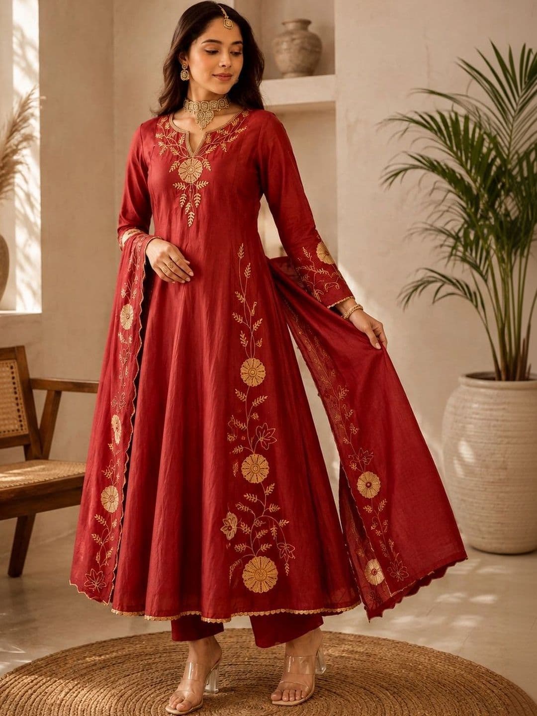 Tankori Women Ethnic Motifs Embroidered Regular Thread Work Chanderi Silk Kurta with Trousers & With Dupatta thumbnail 2