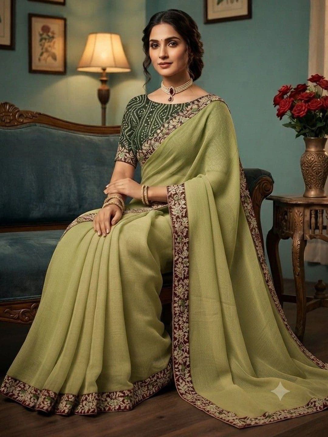 SmileyFashion Floral Embroidered Poly Chiffon Designer Saree thumbnail 4