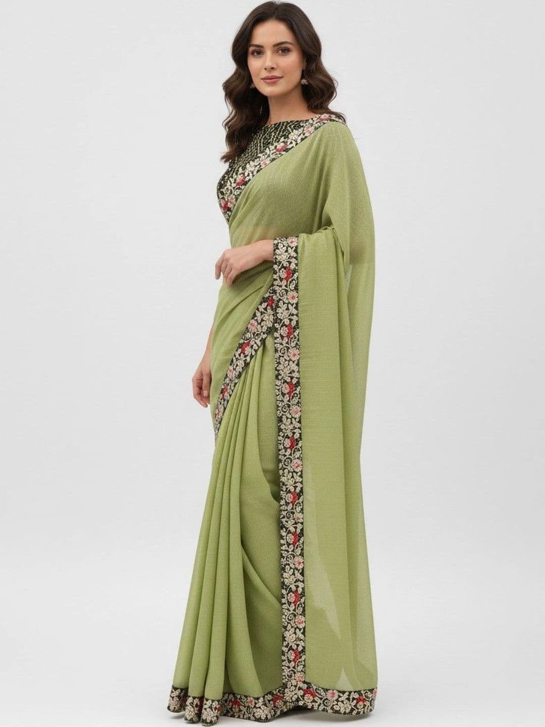 SmileyFashion Floral Embroidered Poly Chiffon Designer Saree - view 1
