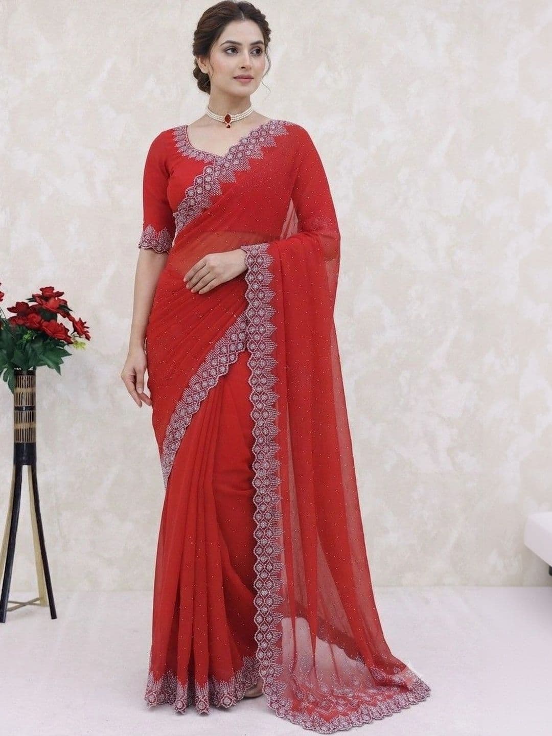 SmileyFashion Embellished Pure Georgette Saree - view 1