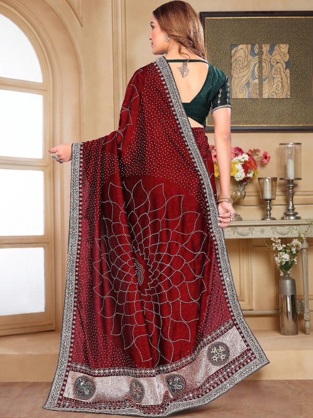 SmileyFashion Bandhani Embroidered Art Silk Designer Saree thumbnail 2