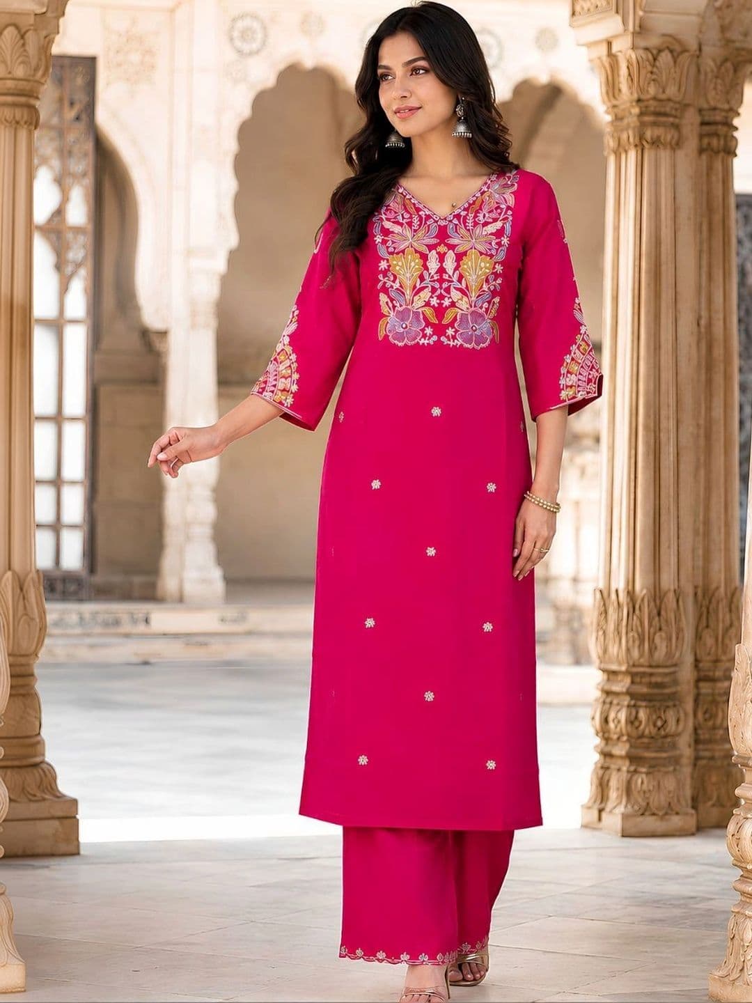 HERE&NOW X fwd Women Ethnic Regular Sequinned Pure Silk Kurta with Palazzos & With Dupatta - view 1