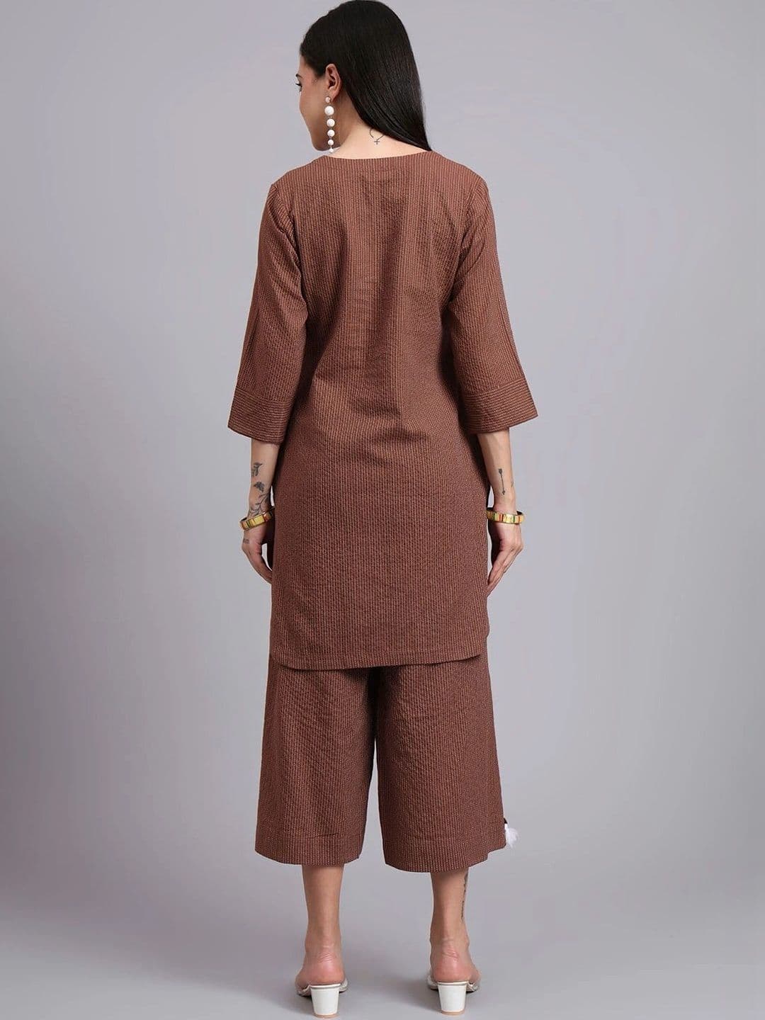 NAVYAAZRI Women Striped Regular Thread Work Pure Cotton Kurta with Palazzos thumbnail 4