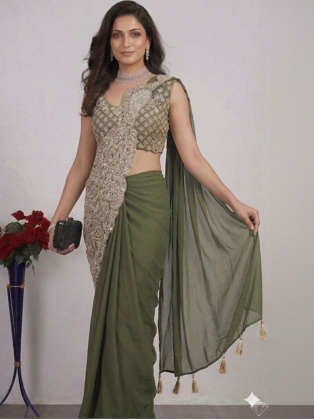 SmileyFashion Embellished Sequinned Pure Georgette Designer Saree thumbnail 3