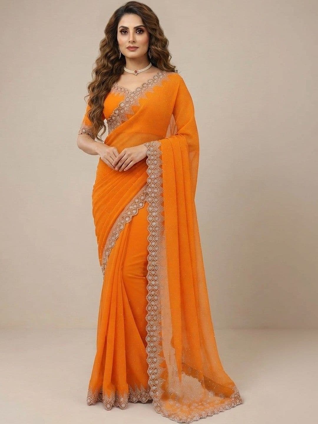 SmileyFashion Embellished Pure Georgette Saree - view 1