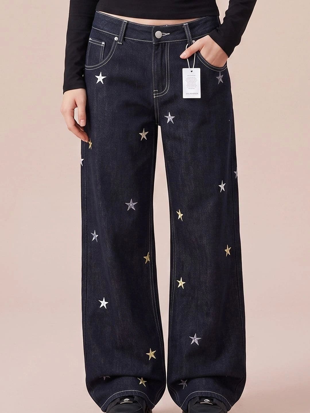ATELIER REBEL Women Wide Leg Mid-Rise Heavy Fade Embroidered Jeans thumbnail 2