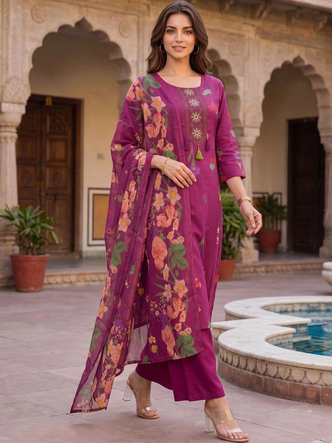 BANDIA Women Floral Printed Regular Thread Work Pure Cotton Kurta with Palazzos & With Dupatta thumbnail 4