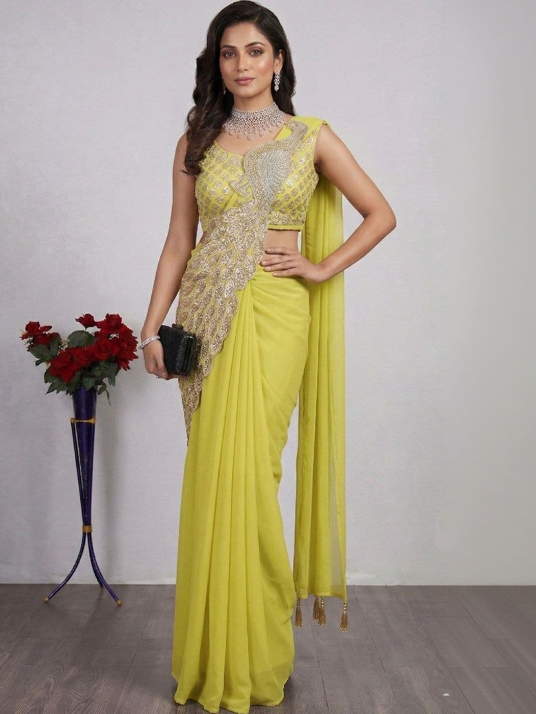 SmileyFashion Embellished Embroidered Pure Georgette Designer Saree - view 1