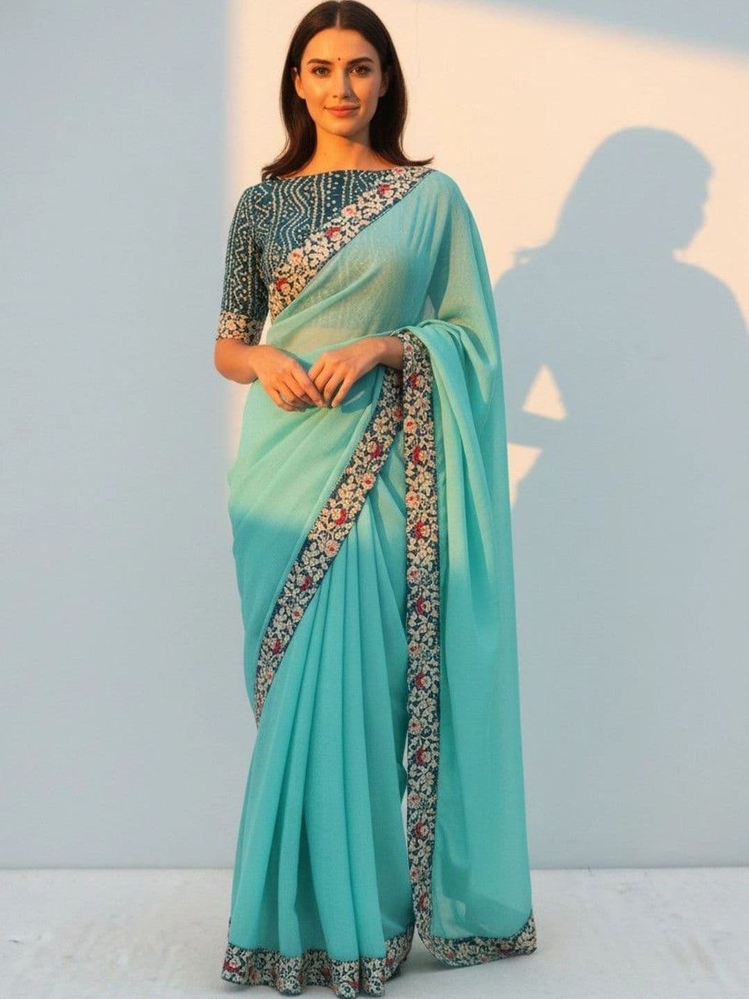 SmileyFashion Floral Poly Chiffon Designer Saree - view 1