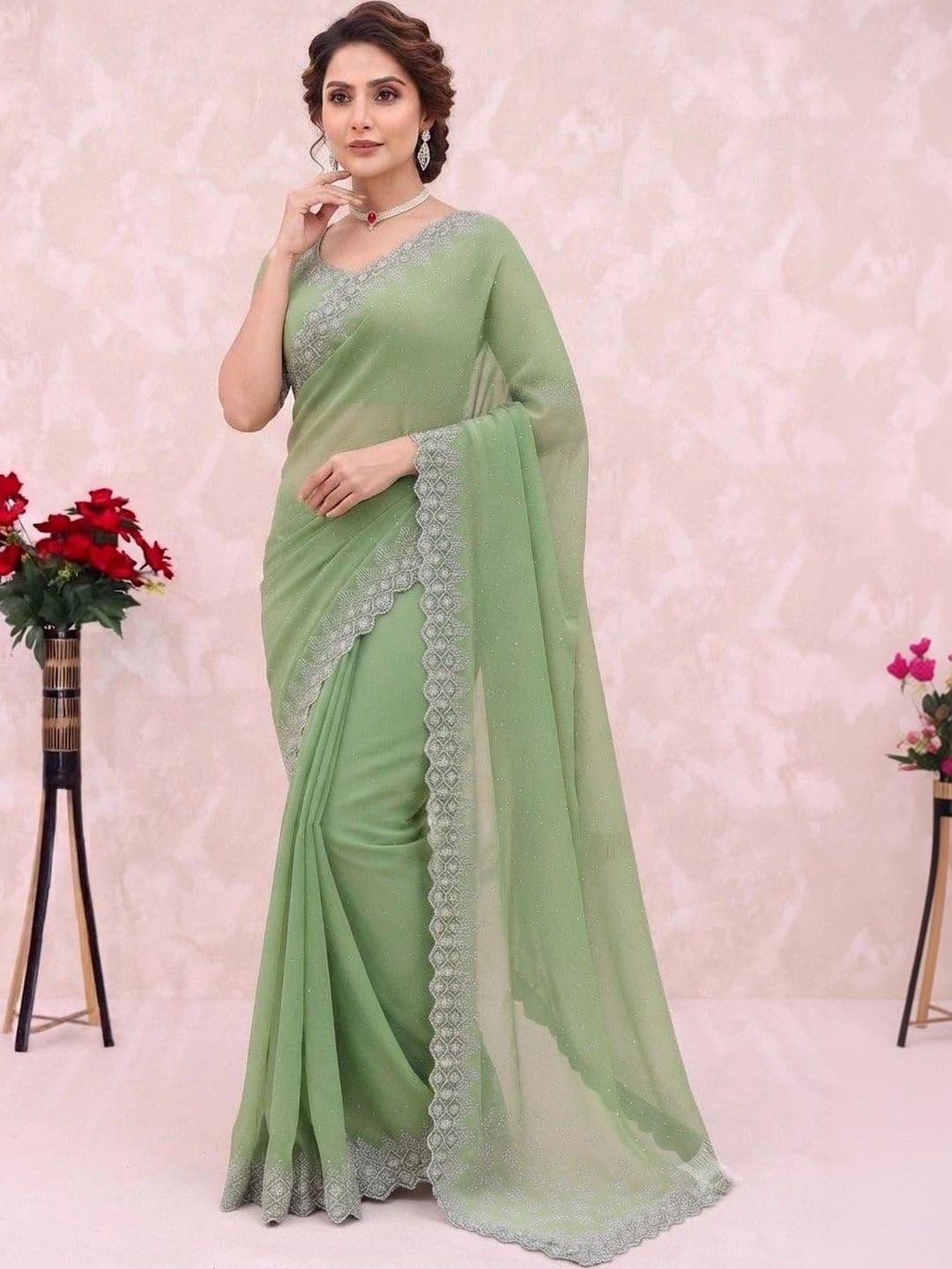 SmileyFashion Embellished Pure Georgette Saree thumbnail 5
