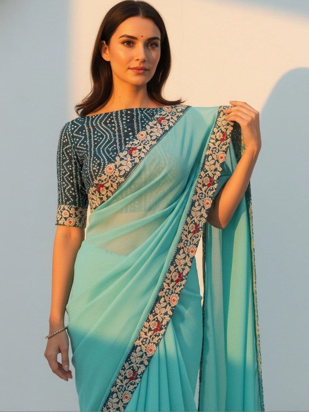 SmileyFashion Floral Poly Chiffon Designer Saree thumbnail 5