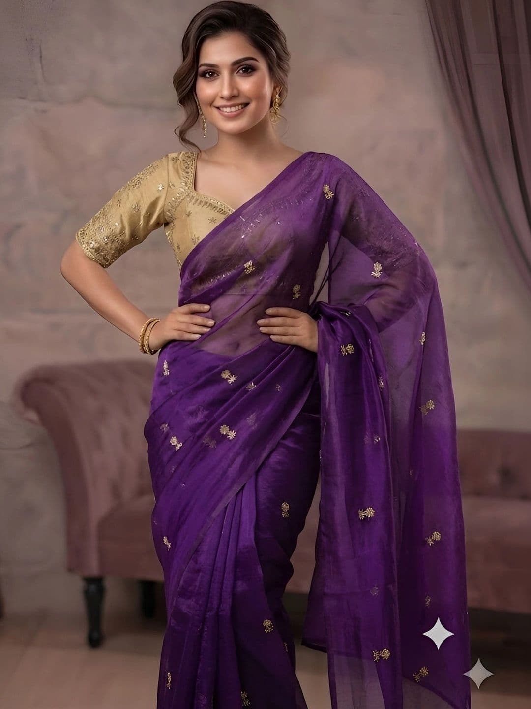 VRAGI Floral Zari Tissue Saree thumbnail 5