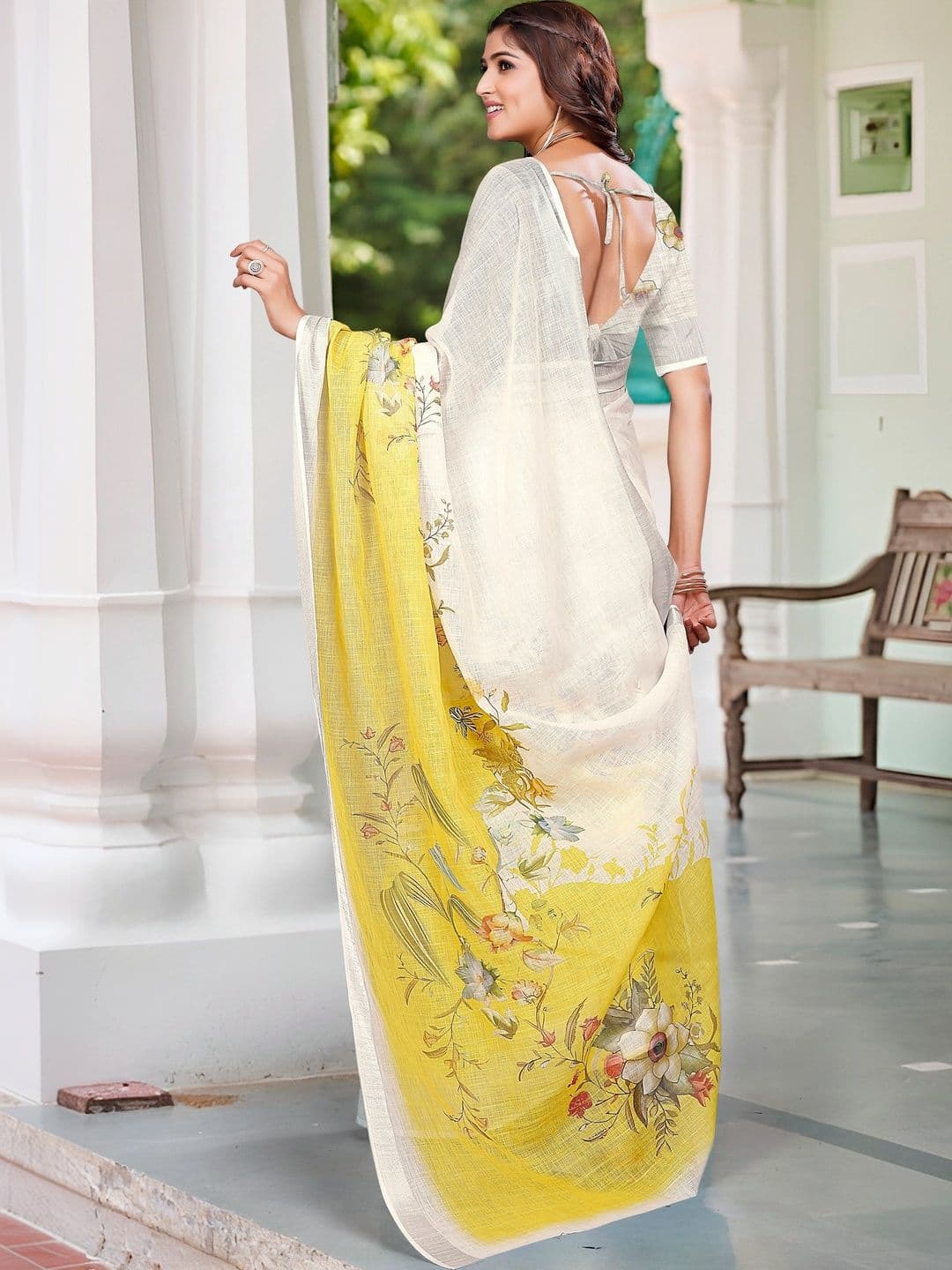 MANVAA Women Cotton Linen Saree with Floral Print Saree thumbnail 2
