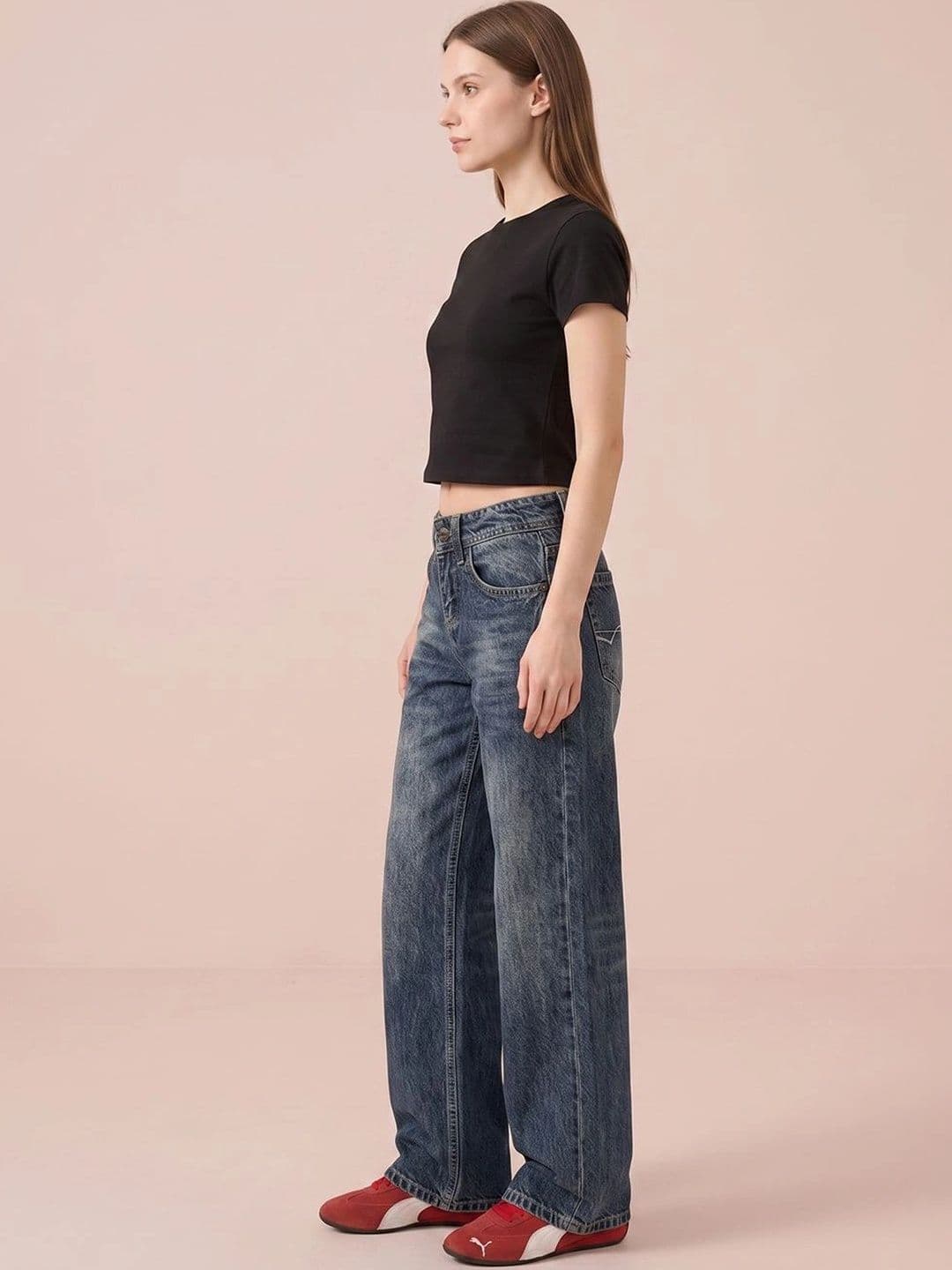 ATELIER REBEL Women Wide Leg Mid-Rise Low Distress Heavy Fade Jeans thumbnail 3