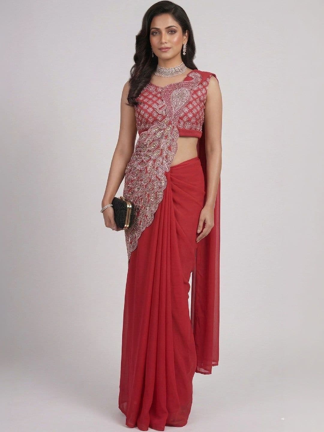SmileyFashion Embellished Embroidered Pure Georgette Designer Saree - view 1