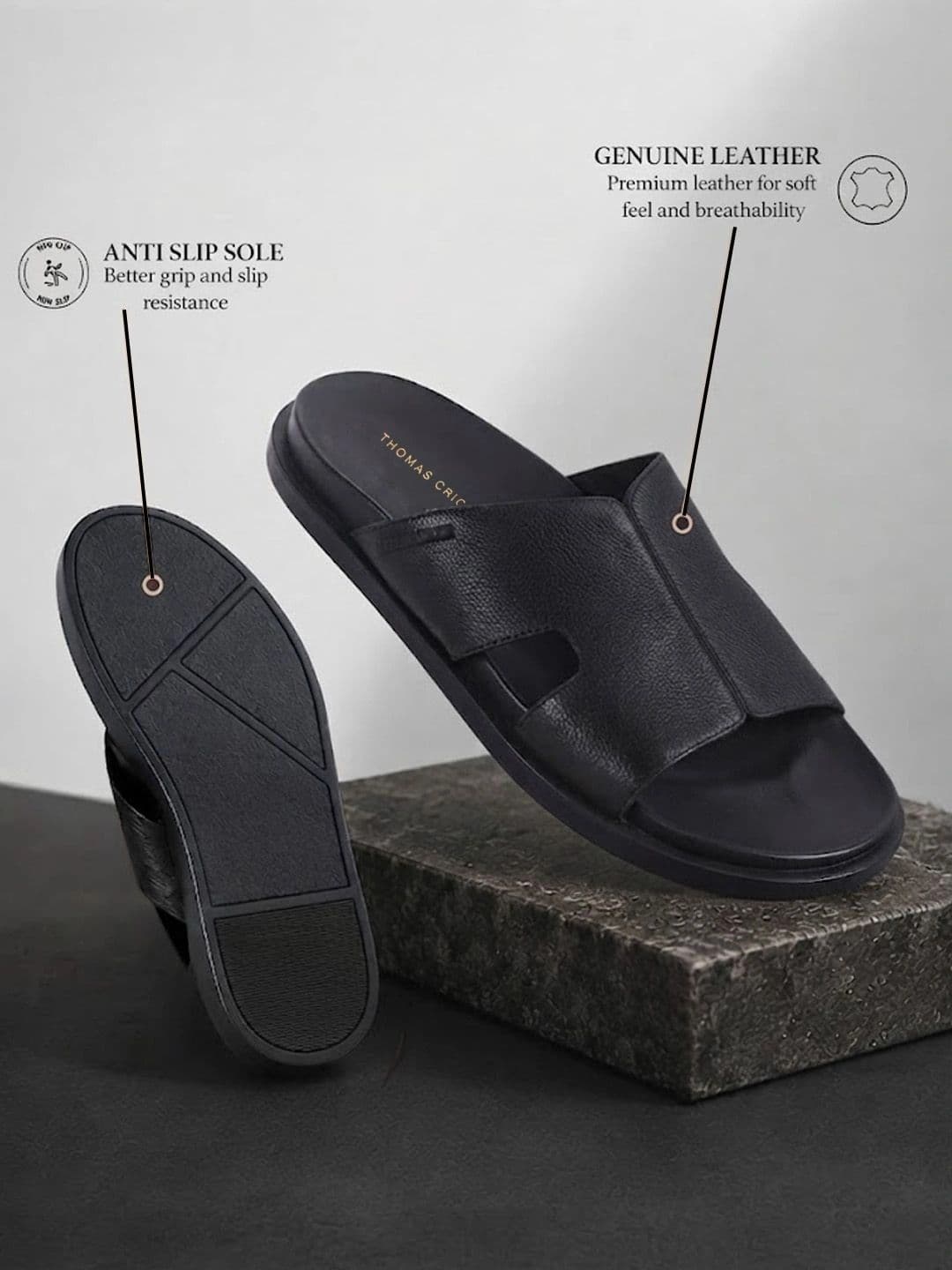 THOMAS CRICK Men Black Leather Sandals thumbnail 2
