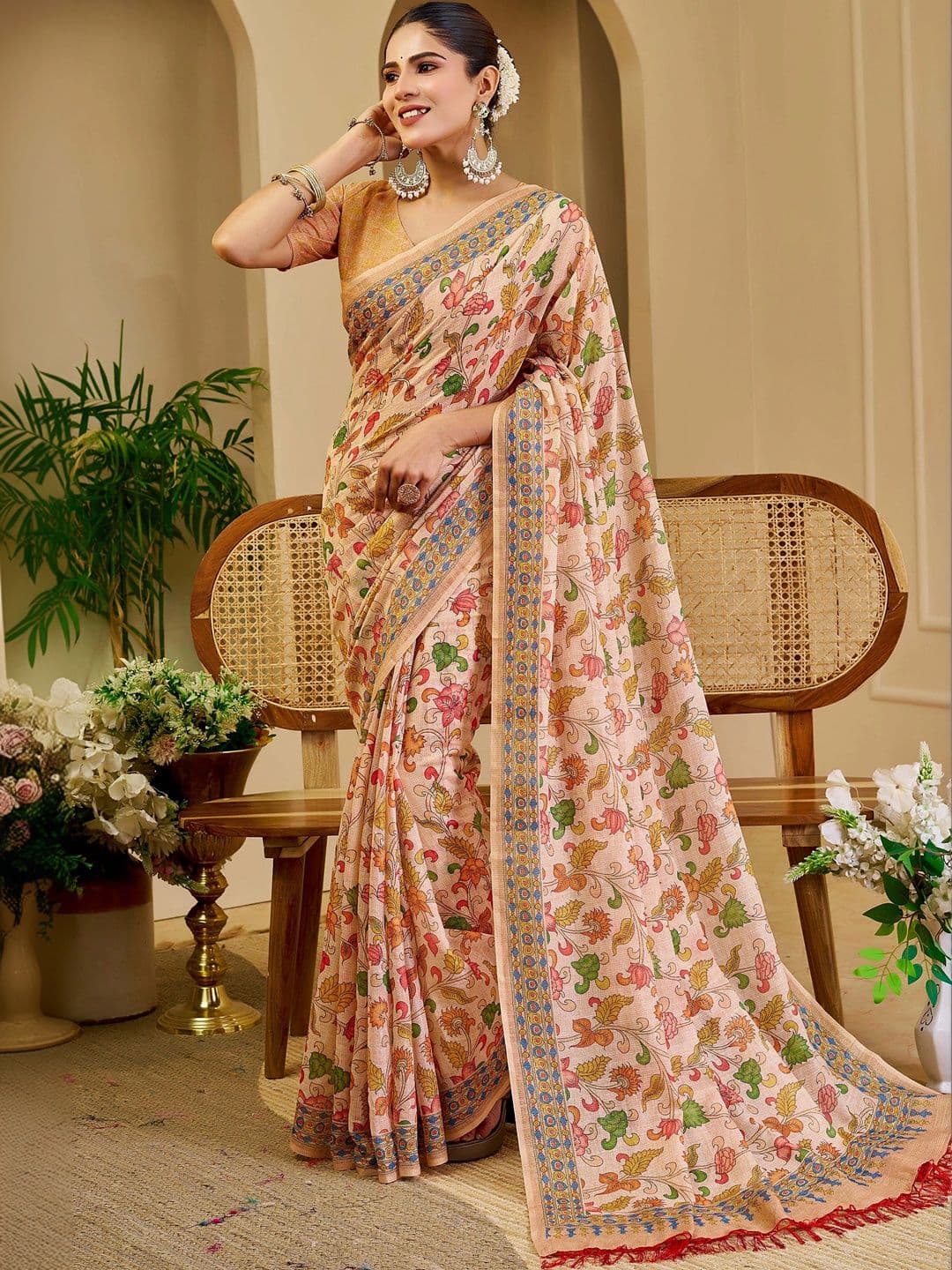 HERE&NOW Kalamkari Printed Silk Cotton Handloom Saree thumbnail 7