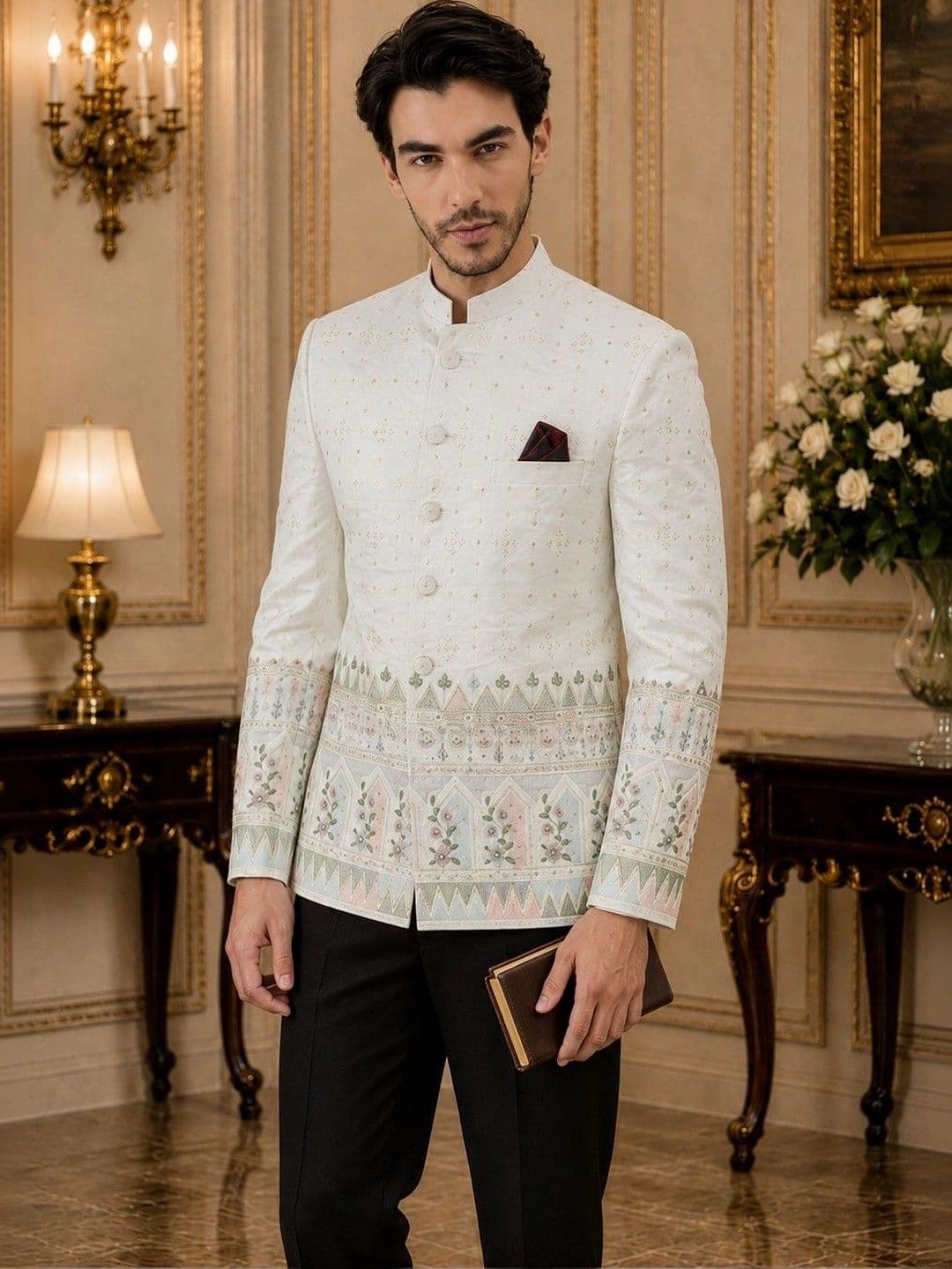 House of Pataudi Printed Mandarin Collar Jodhpuri Blazers - view 1