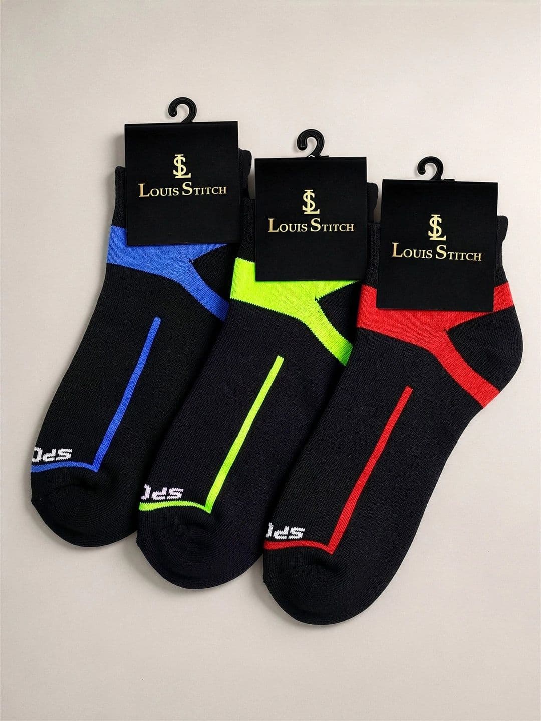 LOUIS STITCH Men Pack of 3 Cotton Assorted Colourblocked Ankle Length Socks thumbnail 5